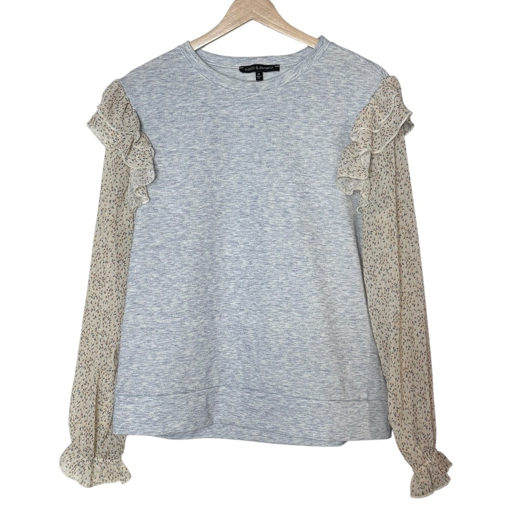 Supply & Demand Ruffle Sheer Sleeve Mix Media Space Dye Pullover Sweater Size M
